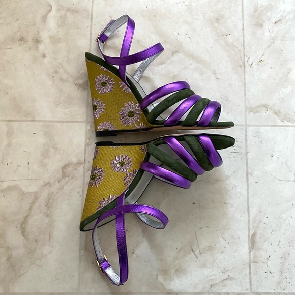 $940 LA DoubleJ Made in Italy Suede Leather Floral Ankle Strap Wedge Sandals 6 - Picture 3 of 13